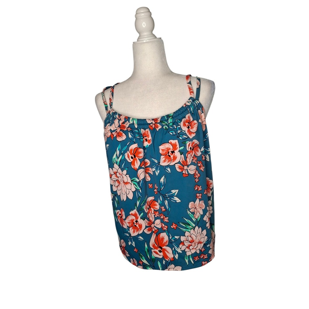 EVRI Florentine Loose Fit Tankini Top Teal Floral Plus Size 0X 14W XI11TF21PP